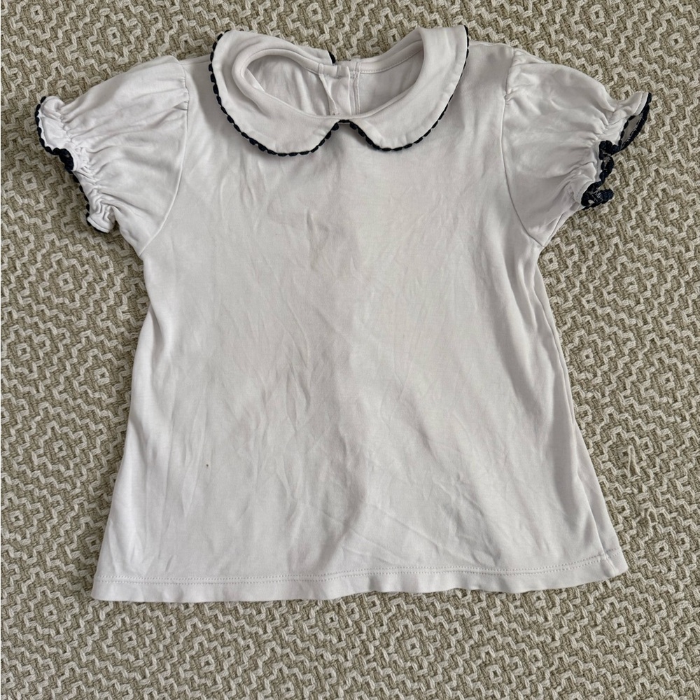 Proper Peony Girls White Peter Pan Collar Top with navy scalloped Trim